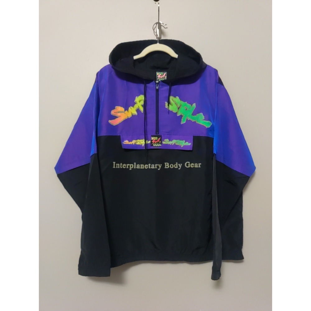 Vintage Surf Style Black Purple Iridescent Print Embroidery Wind breaker Size OS
